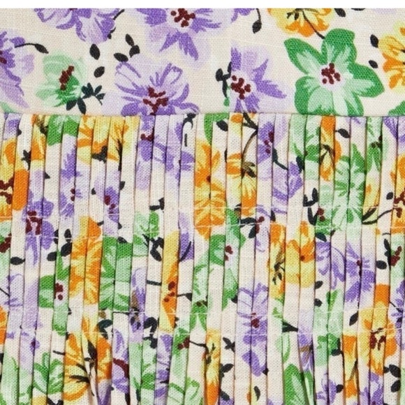 Nicholas Susan Pleated Floral Print A-Line Sleeveless Linen Maxi Cocktail Dress - Picture 13 of 15